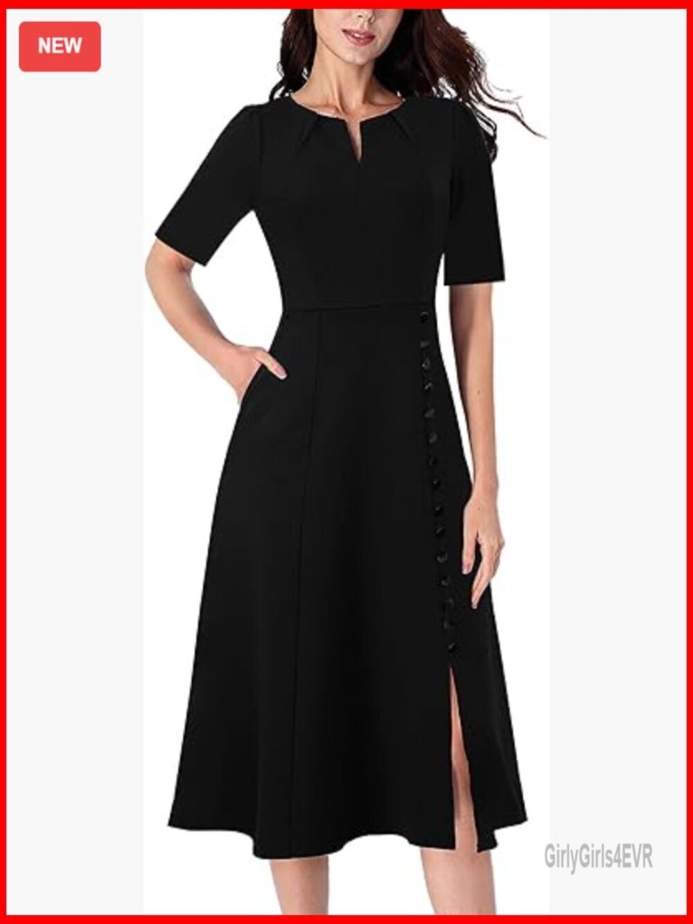 Pleated Notch V Neck Midi Dress with Pockets & Buttons